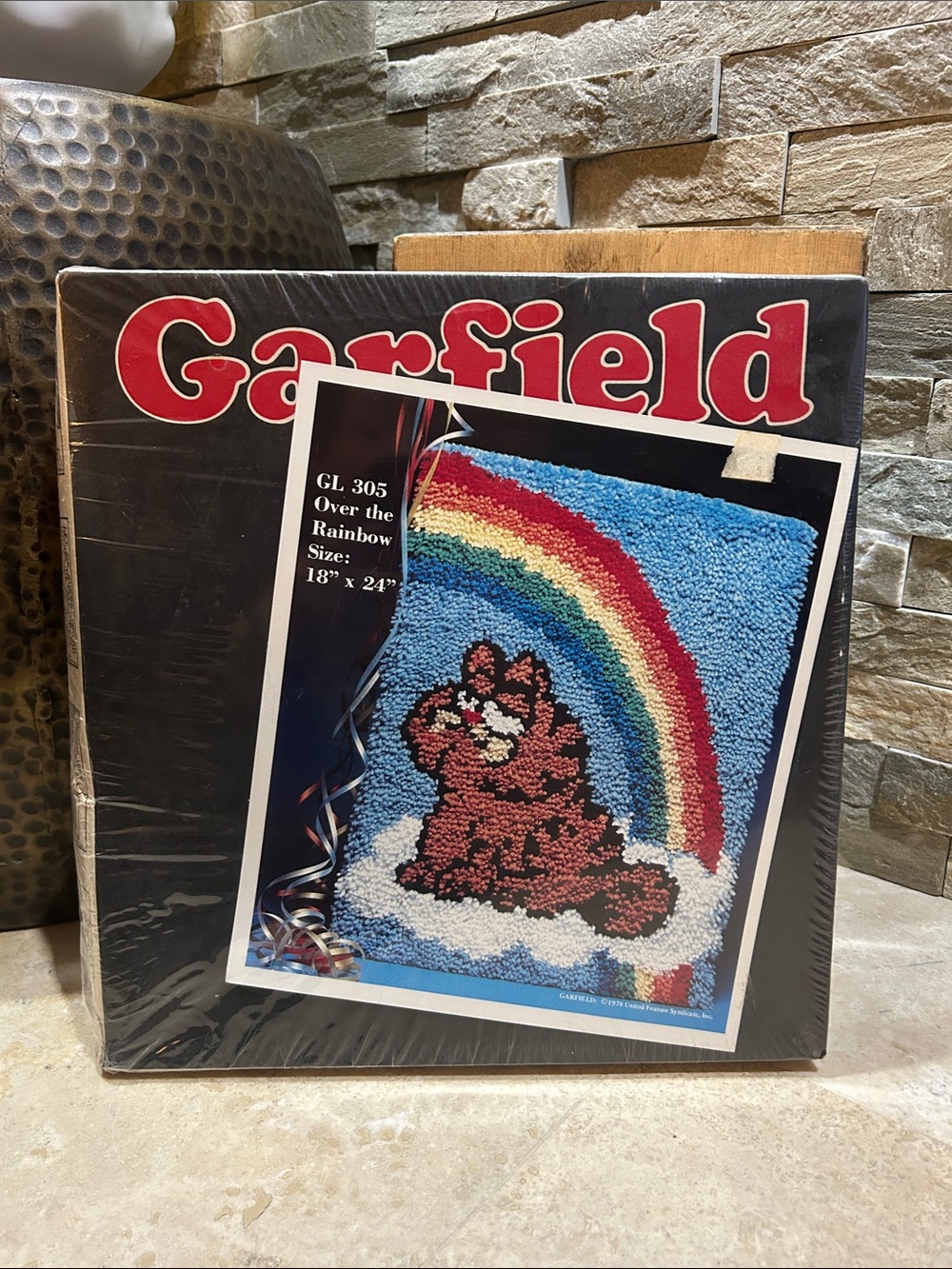 vintage Millcraft Garfield latch hook kit, titled "Over the Rainbow"